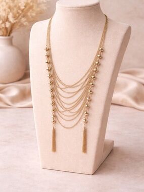 Layered Gold-Tone Chain Necklace with Tassel Accents